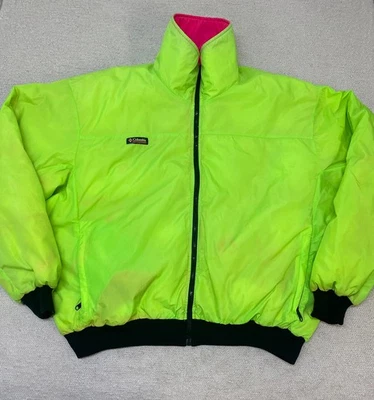 Vintage Columbia Down Jacket Men’s XL Tall Reversible Full Zip Neon Pink Green - Image 1 of 4