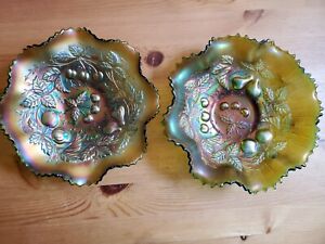 2 Carnival Glass Northwood MARIGOLD STIPPLE and not Three Fruits Medallion Bowls