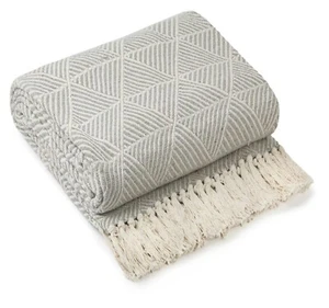 100% Cotton Throw Silver Grey Luxury Geo Fringe Tassel Sofa Bed Chair Blanket - Picture 1 of 5