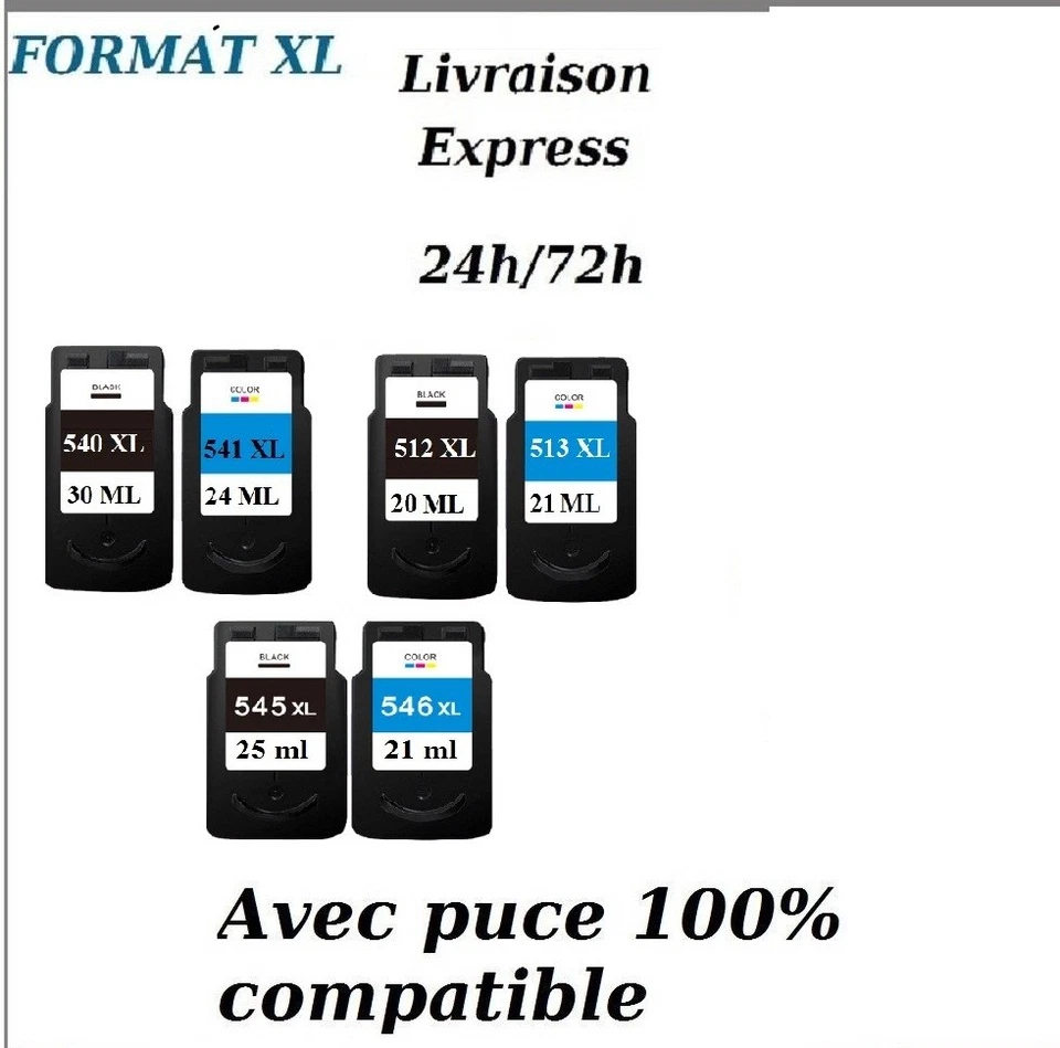 Cartouches compatibles Canon PIXMA PG CL 512 513 540 541 545 546 XL LIVR EXPRESS - Image 1 of 1