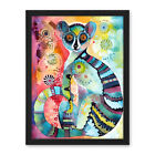 Striped Ring-Tailed Lemur Modern Folk Art Framed Wall Art Picture Print 18X24