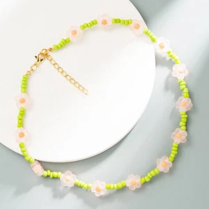 Collar Gargantilla Vintage Harajuku Mujer Verde Boho Cuentas de Acrílico Flor Margarita - Imagen 1 de 3