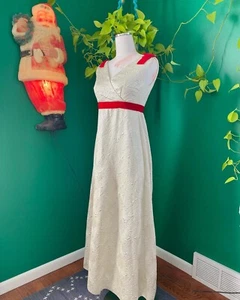 Vintage 1960s Silver Brocade Gown Red velvet Mod Mad Men size Small - Picture 1 of 7
