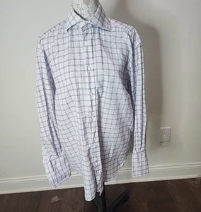 Canali Dress Shirt Long Sleeve Cotton White & Blue Plaid French Cuff Men's 16 - Picture 1 of 11