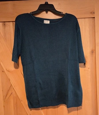 ¡Nuevo! Blusa acanalada vintage Jacqueline Ferrar para mujer 3X 100 % seda elástica verde azulado Foto 1 de 4