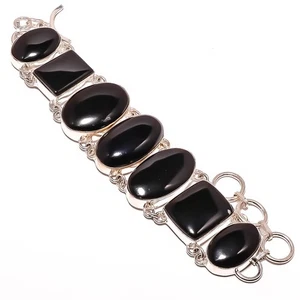 Natural Black Onyx Gemstone 925 Sterling Silver Bracelet 7-7.99" TB7510-572 - Picture 1 of 3