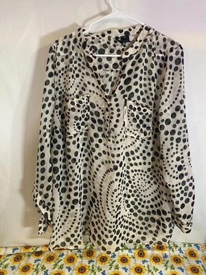 New Direction 2X Cream with Black Polka Dots Sheer Long Sleeve Blouse with front - Image 1 of 4