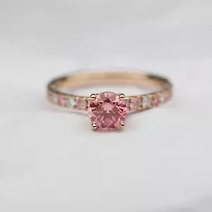 14K Rose Gold Pink Diamond Solitaire Ring VS/VVS Round w/ Side Stones Women. - Picture 1 of 10