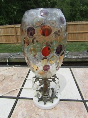 Lámpara vintage con patrón de moneda de vidrio/hierro fundido de mármol con prismas ~ 14" T #1 Foto 1 de 4