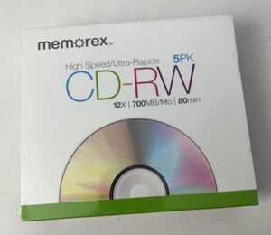 Memorex 5 Pack High Speed 12x CD-RW Media 700MB 80min Sealed In Slim Cases - Picture 1 of 5