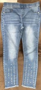 JUSTICE GIRLS LEGGINGS Sz 16 MID RISE DENIM STRETCH RHINESTONE ACCENTS - Picture 1 of 4