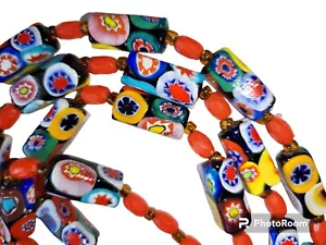 Vintage Venetian Murano Millefiori Glass Rectangular Bead Necklace 42" - Picture 1 of 8