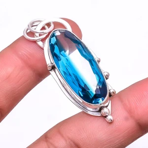 Bi-Colour Blue Topaz Gemstone 925 Sterling Silver Handmade Pendant 1.95" P79 - Picture 1 of 3