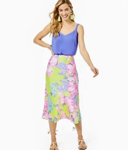 Lilly Pulitzer Cory Skirt Midi Matcha Green Boho Babe Size 14 Flowy Crepe Satin - Picture 1 of 10