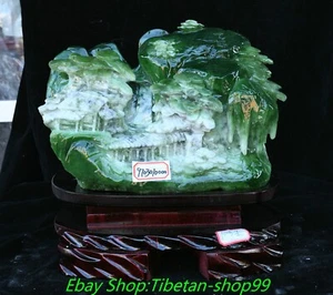 11'' Chinese Natural Xiu Green Jade Carving Mountain Tree House Bridge Statue - Picture 1 of 10