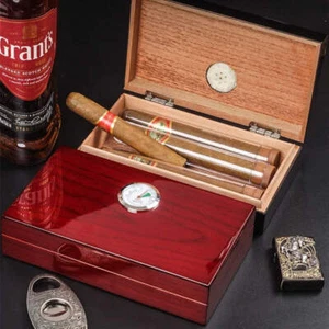 Portable Cedar Wood Cigar Humidor Case Cuban Storage Box Hygrometer Travel Gift - Picture 1 of 7