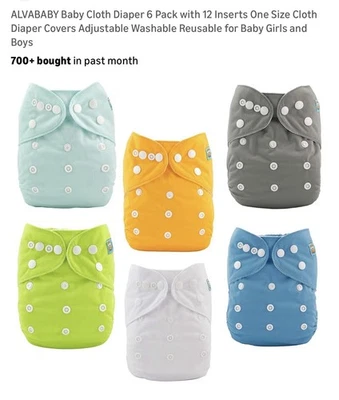 ALVABABY Baby Cloth Diapers 6 Pack with 12 Inserts One Size Adjustable Washable - Image 1 of 4