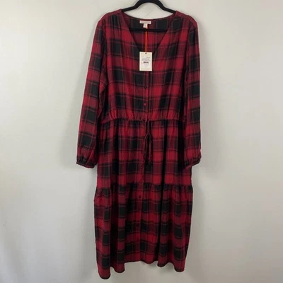 Vestido midi a cuadros Knox Rose línea A talla 1X manga larga rojo negro Foto 1 de 4