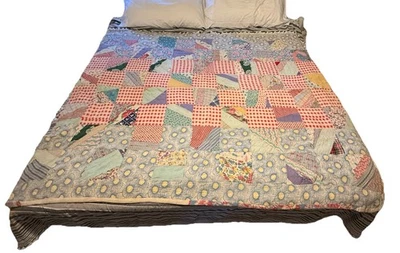 Antique Farmhouse Reversible Quilt Handmade Feedsack Fabric NEEDS WORK - Image 1 of 4
