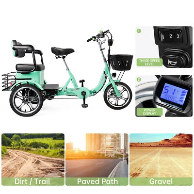 Triciclo eléctrico plegable 400W 48V 12A bicicleta eléctrica de 3 ruedas con asiento trasero cian EE. UU. Foto 1 de 4