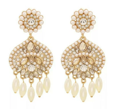 Large Long Fringed Drop Rhinestone Dangle Tassel White Pearls Statement Earrings - Image 1 of 4