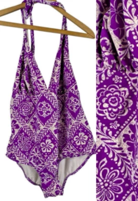 Traje de baño Catalina talla 3X halter de una pieza púrpura blanco floral adelgazante Foto 1 de 4