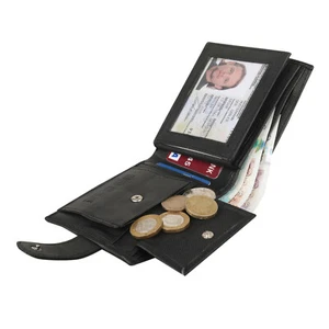 Nuovo portafoglio tascabile tripla moneta nero vera pelle RFID blocco monete per uomo - Foto 1 di 6