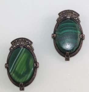 Vintage Sterling Markasit mit grünen Malachit Art Deco Kleiderclips - Bild 1 von 10