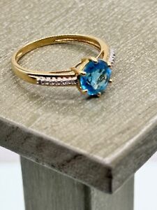 14K YELLOW GOLD 1.7CT  BRIGHT BLUE TOPAZ & DIAMOND ACCENT RING SIZE 10.2.8g-G8
