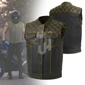 Yellow Motorbike Leather Vest Anaaz Leather Men Biking Touring Waistcoat Vests - Picture 1 of 7