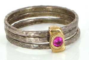 VTG BEAUTIFUL 9K YELLOW GOLD STERLING SILVER TRIPLE BAND RED RUBY RING S6.5 2.6G - Picture 1 of 1