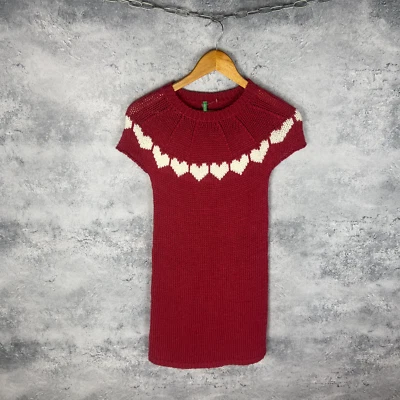 United Colors of Benetton Red Wool Knit Dress Hearts Nordic Style Size EL - Image 1 of 4