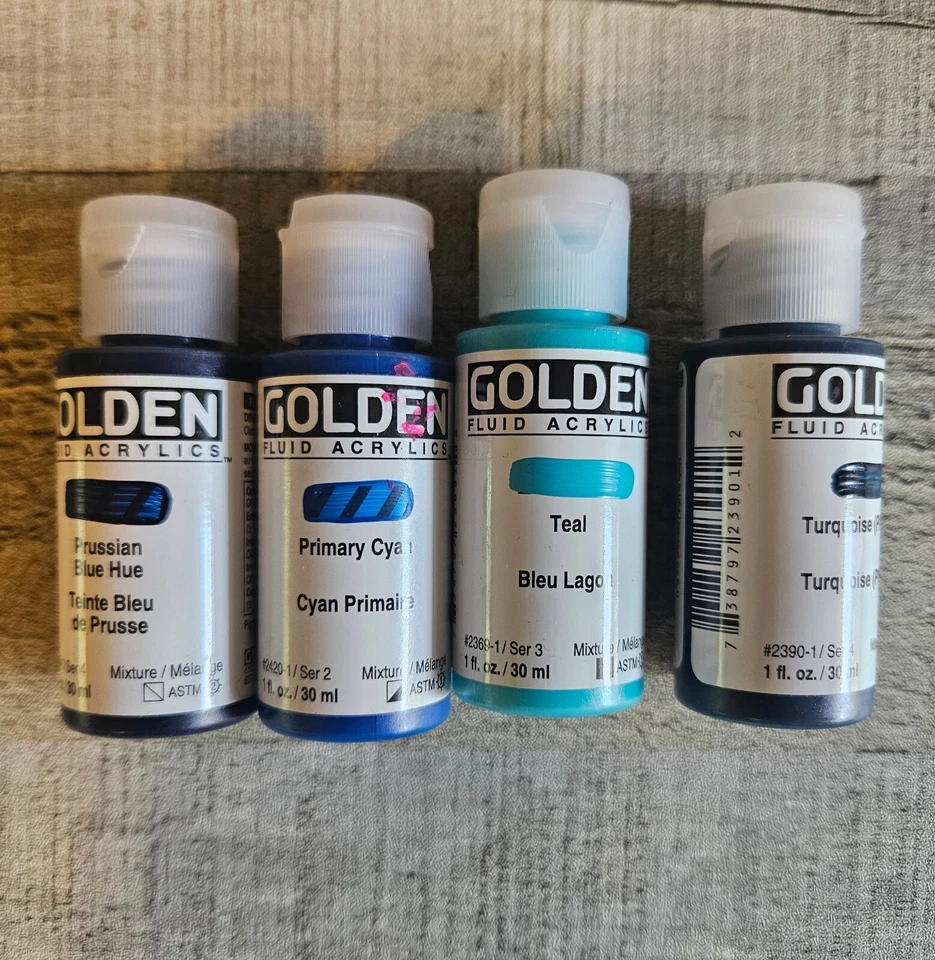 4 Golden Fluid Acrylics Paint 1 Oz~ Teal, Turquoise, Prussian Blue, Primary Cyan - Image 1 of 1