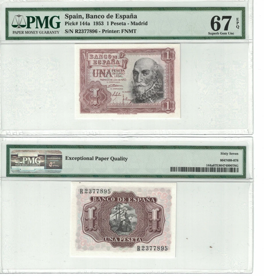 Spain 1 Peseta 1953 Pick# 144a PMG: 67 Superb GEM UNC. (#1658) - Image 1 of 1