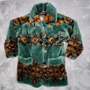 Skila Faux Fur Coat Womens Small Green Finland Floral Cozy Whimsigoth Fairy Warm - Picture 1 of 16