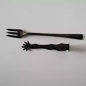 Vtg Sugar Tongs TH Marthinsen Norway EPNS Eagle Claw Wild Rose Pattern + Fork - Picture 1 of 23