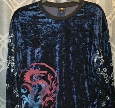 Disney Princess Womens Sz L Mulan Blue Velvet Shirt Dragon Cherry Blossom EUC - Image 1 of 4