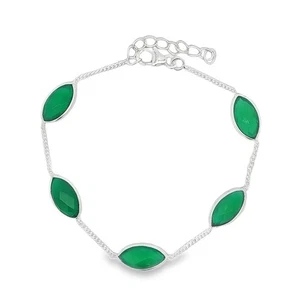 NEW Solid 925 Sterling Silver Marquise Green Agate Bracelet - Picture 1 of 2