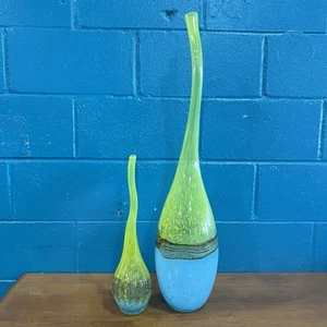 Beautiful 31"+17” Global Views Hand Blown Vase Long Goose Snake Neck Yellow Blue - Picture 1 of 12