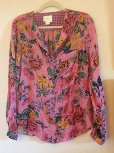 Blusa Top 12 L Maeve Anthropologie Rosa Vibrante Floral Con Botones Manga Larga - Imagen 1 de 19
