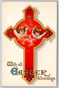 With All Easter Blessings, Angels, Cross, Antique 1910 Greetings Postcard - Imagen 1 de 2
