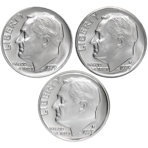 1979 P D S Roosevelt Dime Year Set Clad Proof & BU US 3 Coin Lot Cover