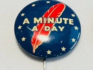 Vintage "A Minute A Day" Red Feather Button Pin Navy Blue Background - Picture 1 of 3