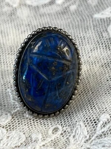 Vintage Scarab Ring Lapis Lazuli Sterling Setting Size 8 1"H - Picture 1 of 13