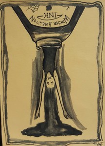 Aceo original painting. Signed HF. Ink wash. Imagination art card. Ink spill. 