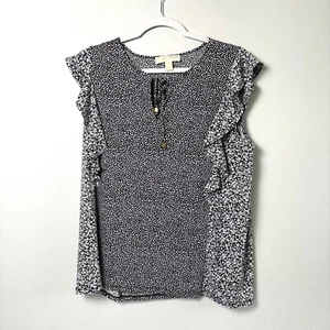 Michael Kors Top Womens XL Black White Floral Geometric Flutter Sleeve Pullover - Picture 1 of 10