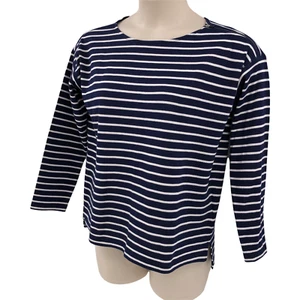 Chaps Womens Knit Top Size Large Navy White Stripe Long Sleeve Hi Low Hem - Picture 1 of 12