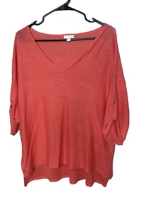 J. Jill Size L Linen Short Sleeve T Tee Shirt Top Blouse V Neck Orange - Picture 1 of 9