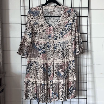 Knox Rose Dress Womens XS Tan Lace Inset Bohemian Knee Length Bell Sleeve - Image 1 of 4