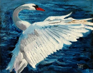 YARY DLUHOS Bird Wildlife Swan Nature River Water Original Art Oil Painting - Picture 1 of 13